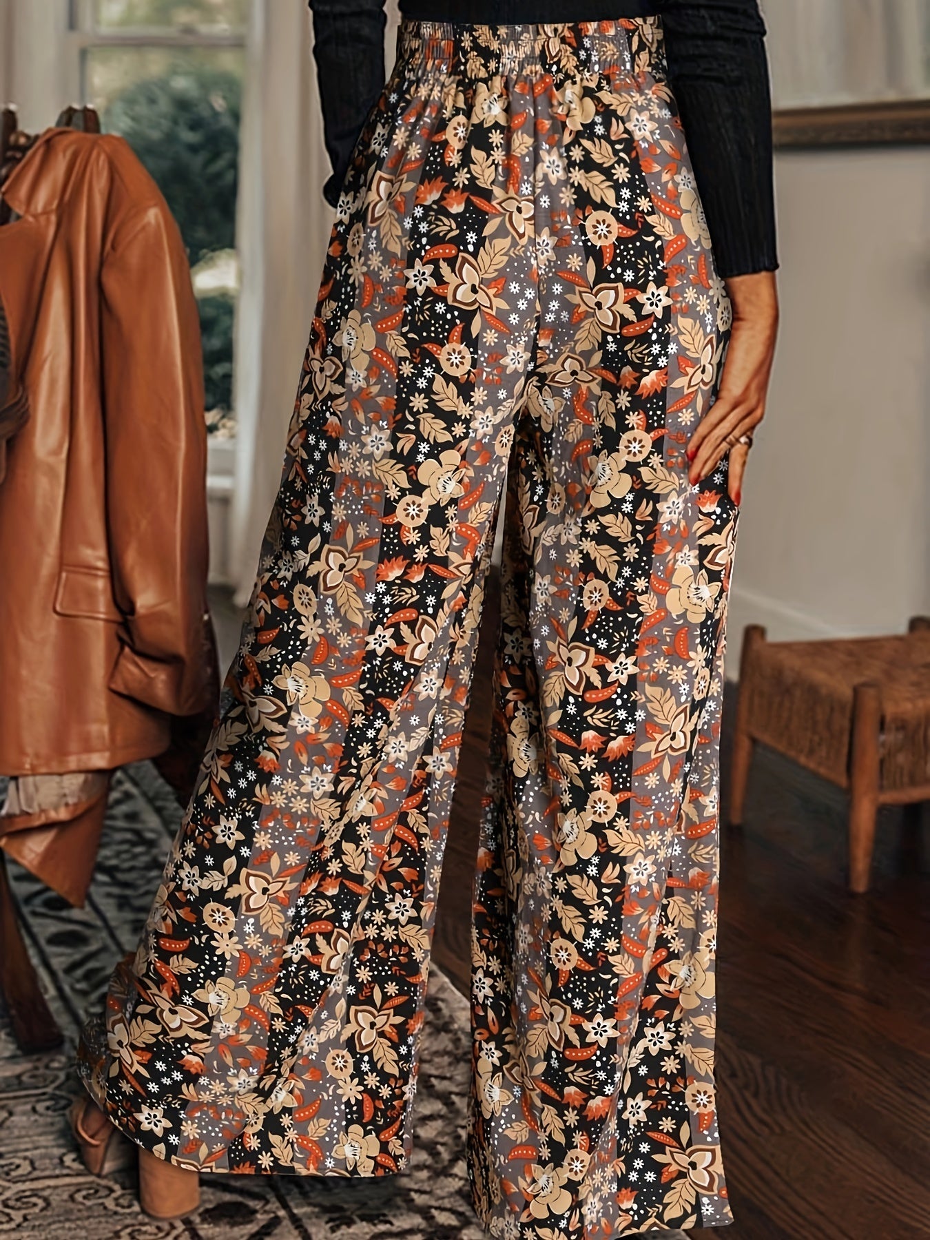  Colorblock Floral Print Wide Leg Trousers