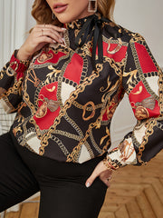  Blouse Paisley Print Long Sleeve High Neck Knot Shirt