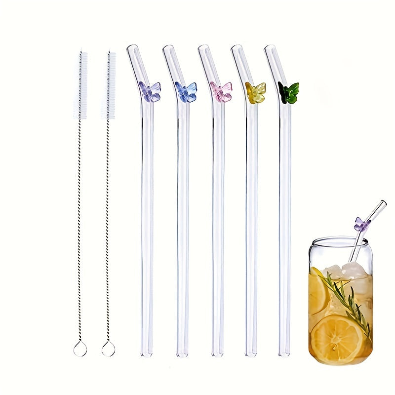 7pcs Butterfly Glass Straws Reusable Dishwasher Safe 2 Cleaning Brushes