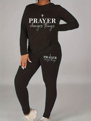  2 Piece Set Women's Slogan Print Top & Leggings Outfit