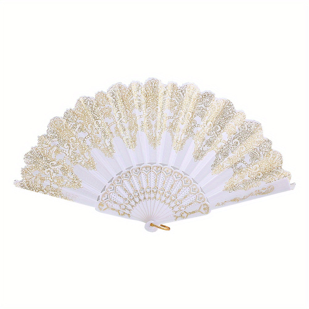 Chinese Folding Fan Lace Cloth Printing Flower Plastic Skeleton Hand Fan