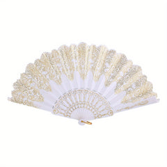 Chinese Folding Fan Lace Cloth Printing Flower Plastic Skeleton Hand Fan