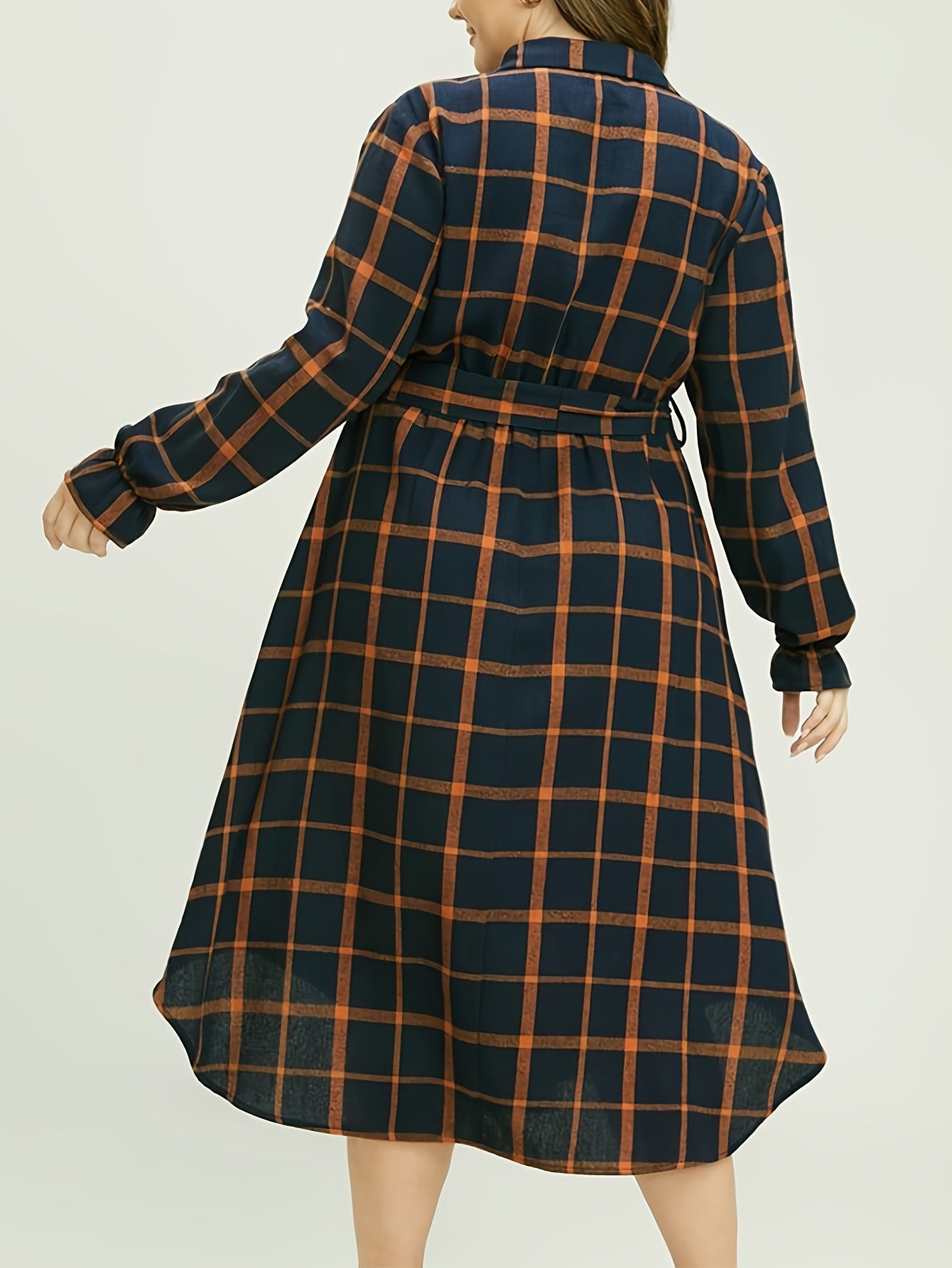  Plaid Print Button Up Long Sleeve Dress With Belt