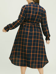  Plaid Print Button Up Long Sleeve Dress With Belt