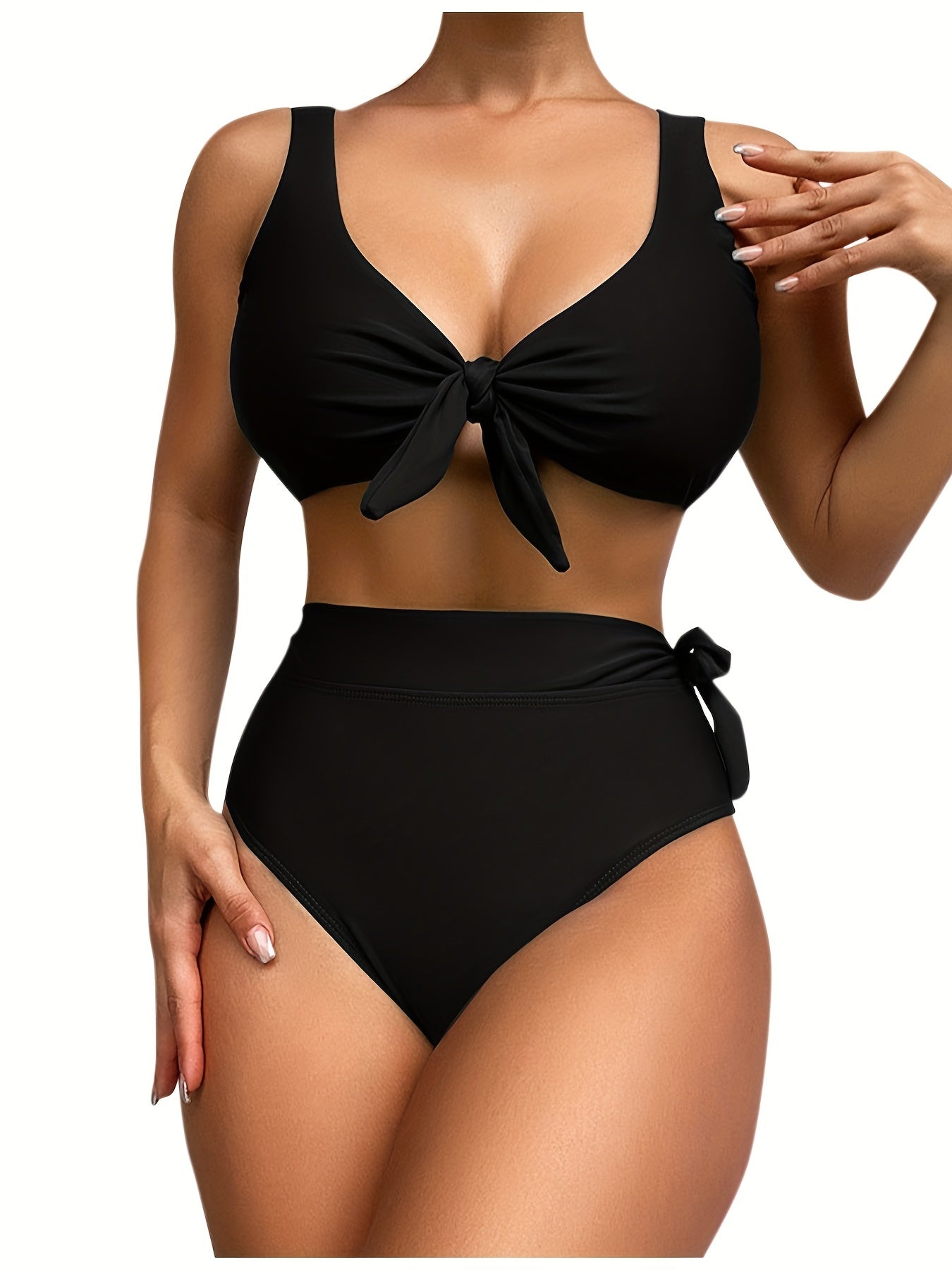 Bowknot Decor Swim Briefs High Strech Knot Solid Bikini Bottoms