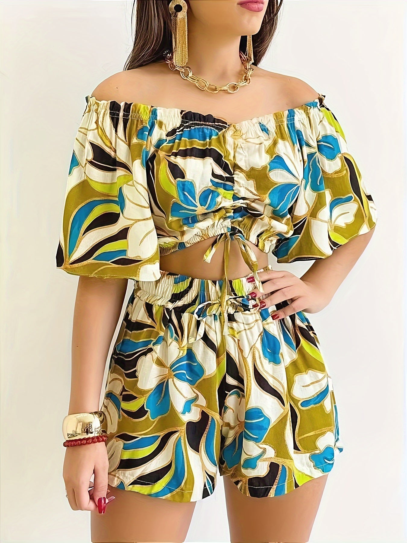  Boho Floral Off Shoulder Crop Top & Shorts Set