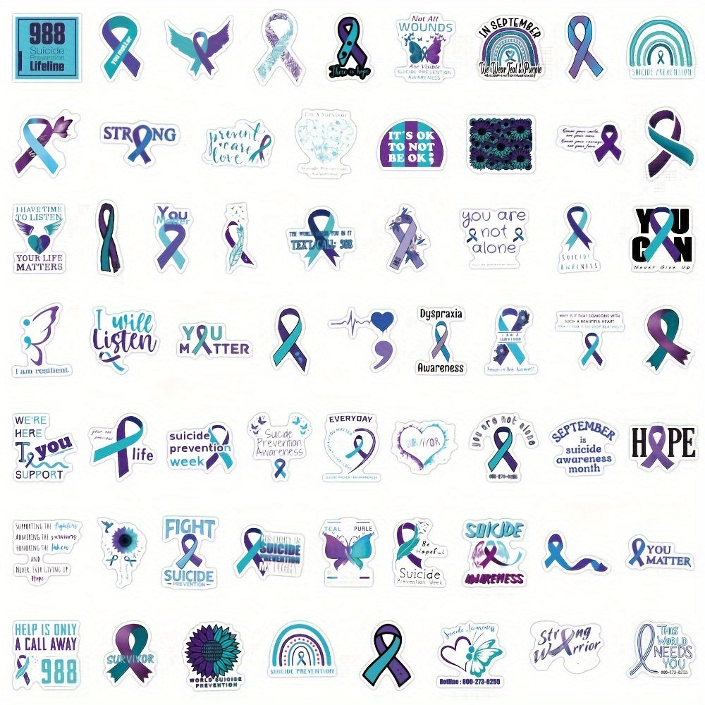 60pcs Suicide Awareness Stickers Teal Purple Ribbon Decals