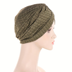 Top Knot Embossed Turban Cap Solid Pleated Head Wrap - Elastic Beanie Head Scarf