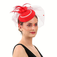 Red Feather Decor Fascinator Hats With Veil Pillbox Hat Hair Clip