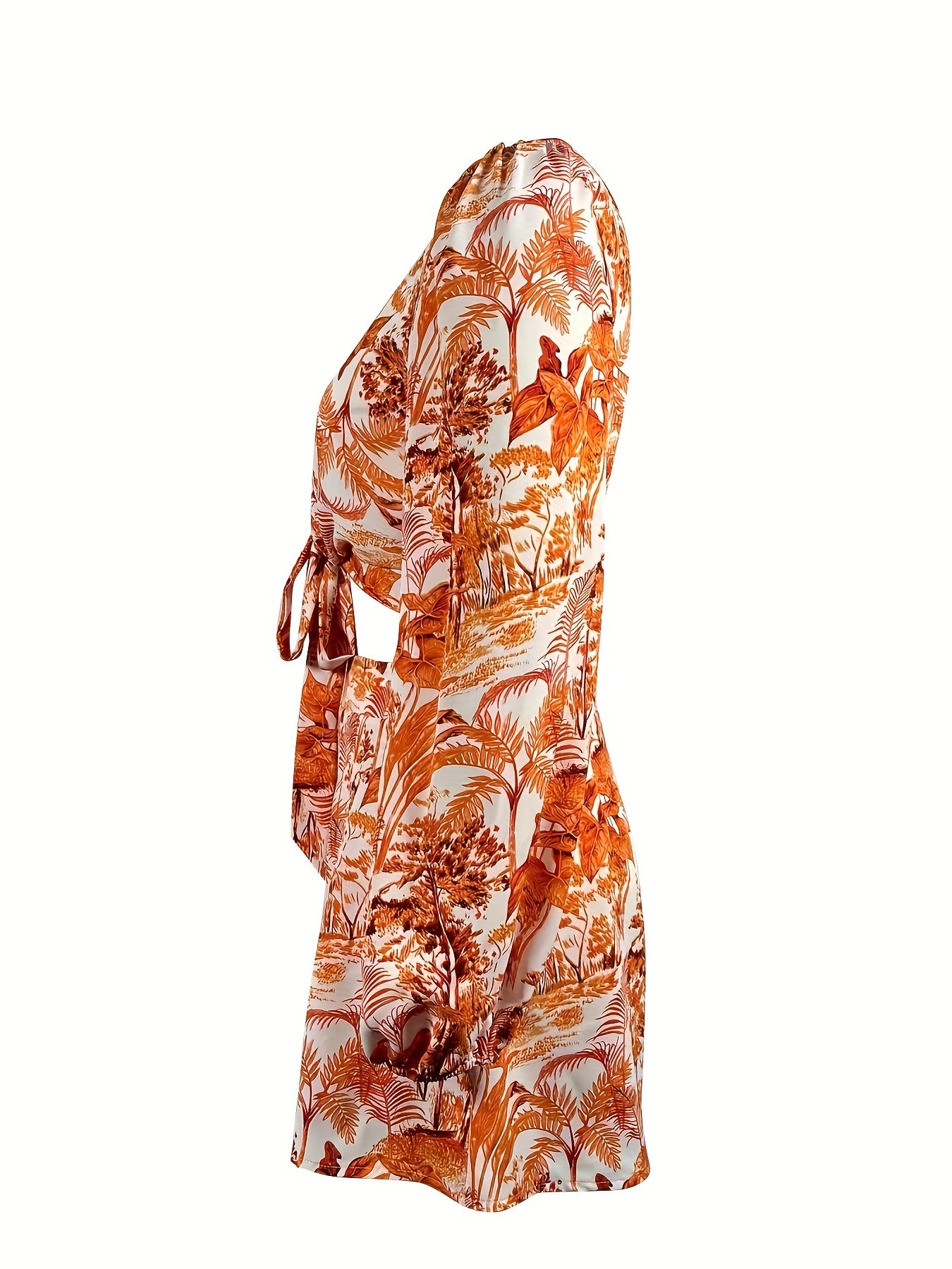 Leaves Print Two-piece Set Tie Front Crop Top & Shorts Outfit