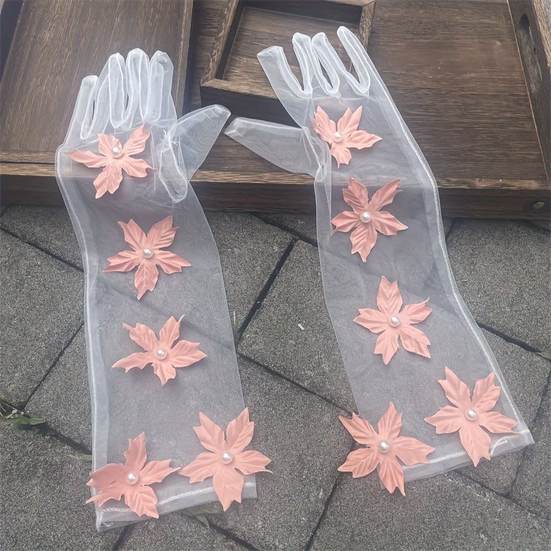 Ivory Wedding Gloves with 3D Orange Petal Embellishments