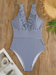  Nautical Stripe Ruffle V Neck One Piece Swimsuit
