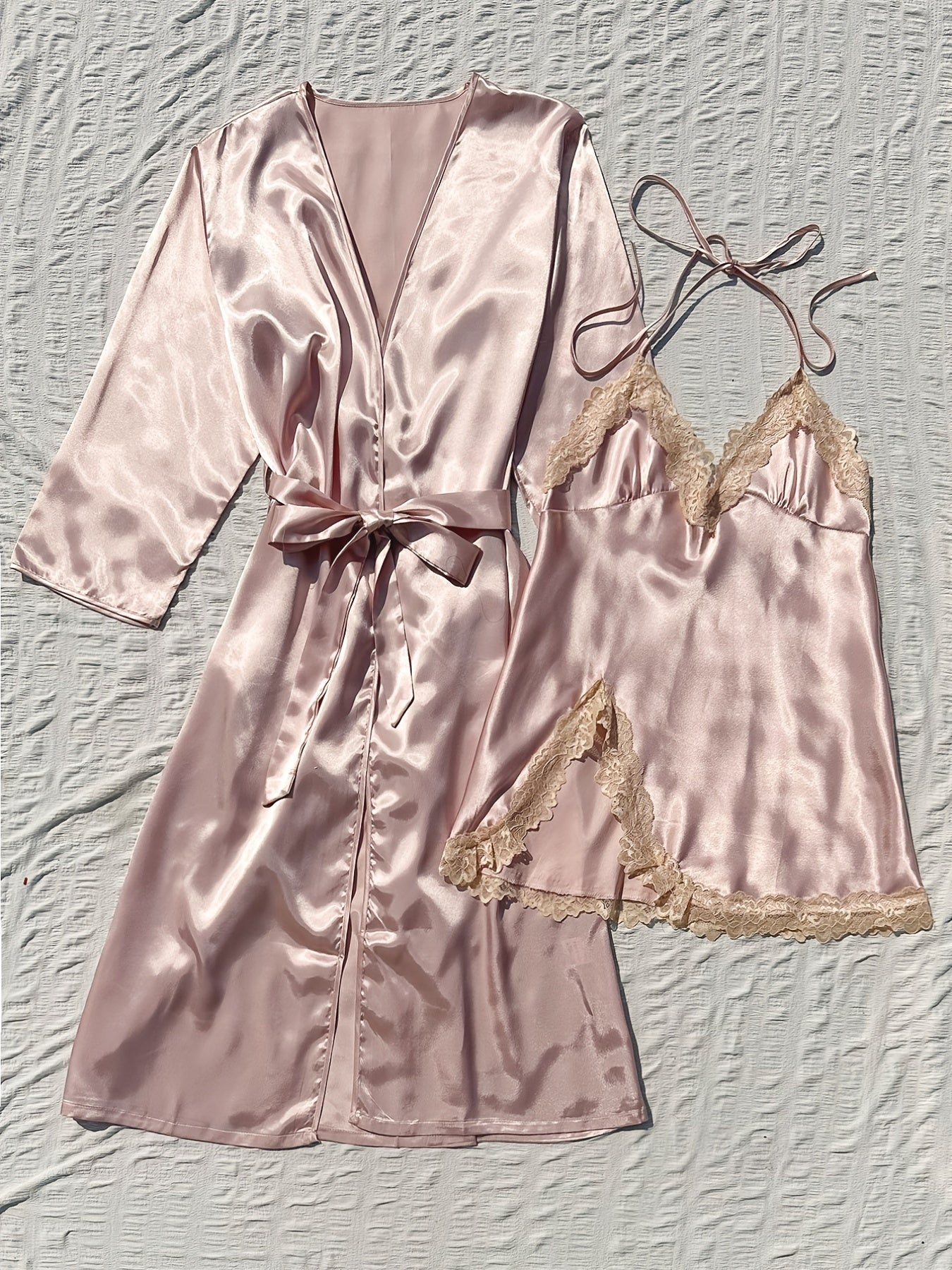 2pcs Satin Robe & Cami Dress Set with Lace Trim
