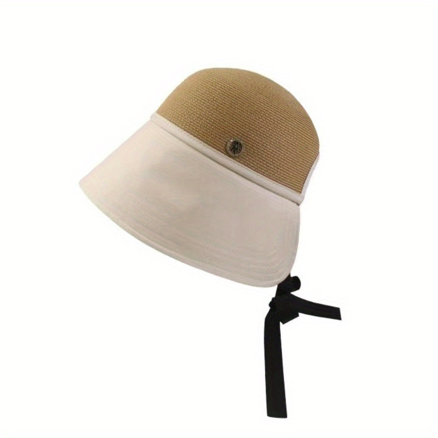 Block Stitching Sun Hat Crochet Straw Hat UV Protection Bucket Hat