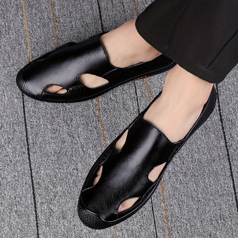 Men's Breathable No Tie Lace Cut Out Leather Shoes