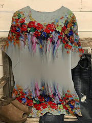  Casual Painting Print Batwing Sleeve Round Neck Blouse