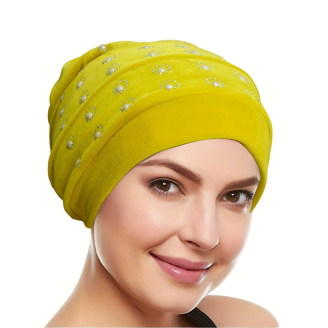 Rhinestone Decor Turban Cap Velvet Head Wrap Elastic Bonnet Head Scarf Women