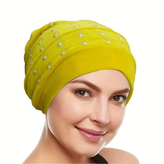 Rhinestone Decor Turban Cap Velvet Head Wrap Elastic Bonnet Head Scarf Women