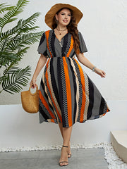 Colorblock Polka Dot Surplice Neck Midi Dress