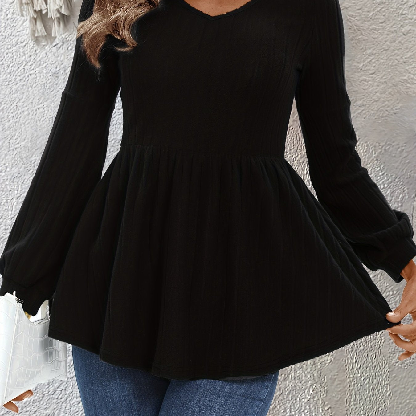  Solid Long Sleeve V Neck Knit Top Medium Stretch Sweater