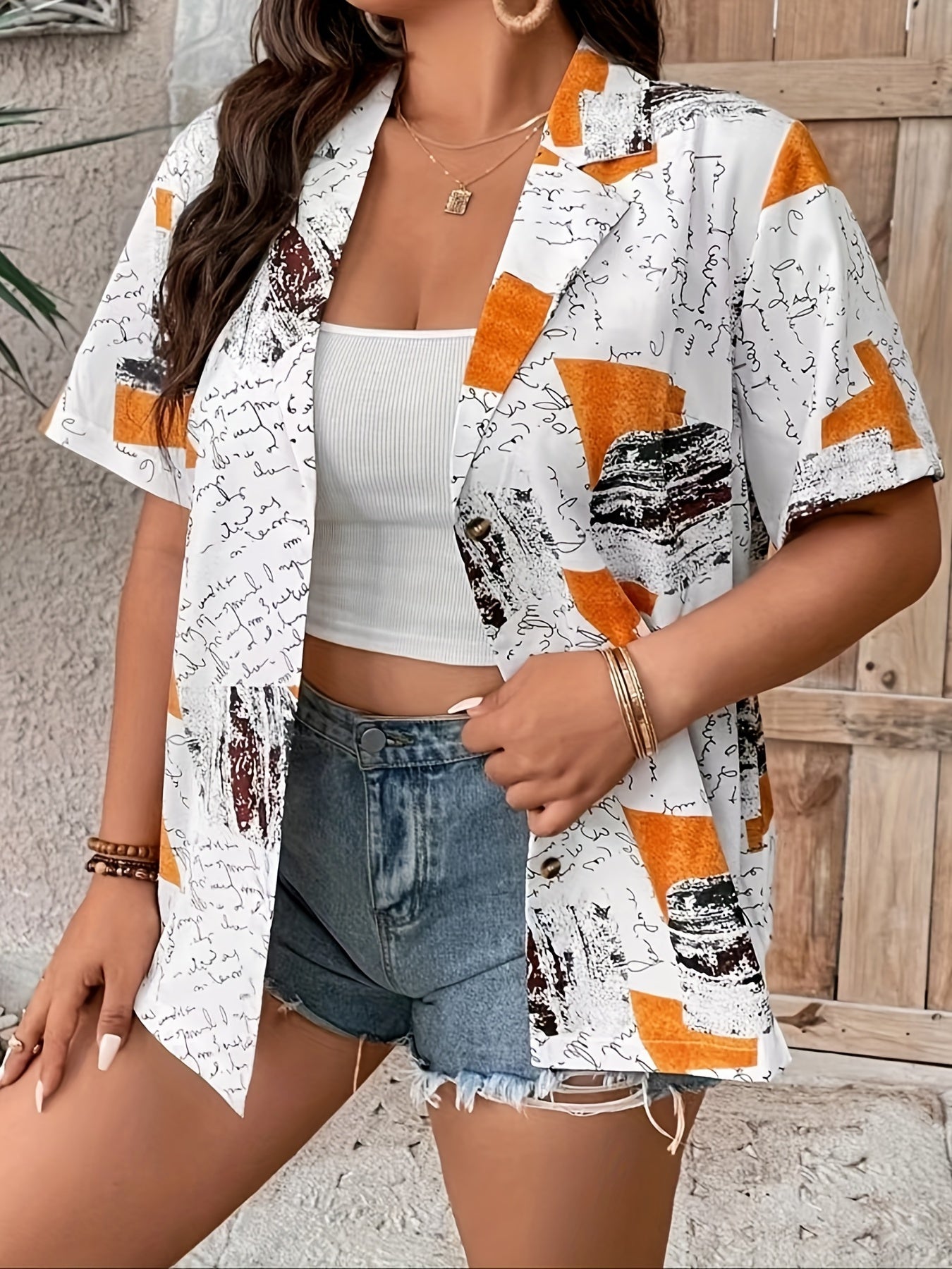  Colorblock Letter Print Button Up Short Sleeve Blouse