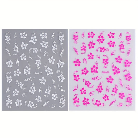 2pcs Hawaiian Floral Nail Art Stickers Pink & Flowers Tropical Leaves & Hibiscus