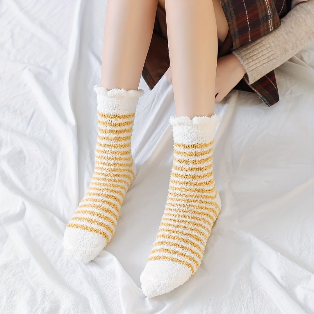 5 Pairs Striped Fuzzy Socks Women's Mid Tube Stockings