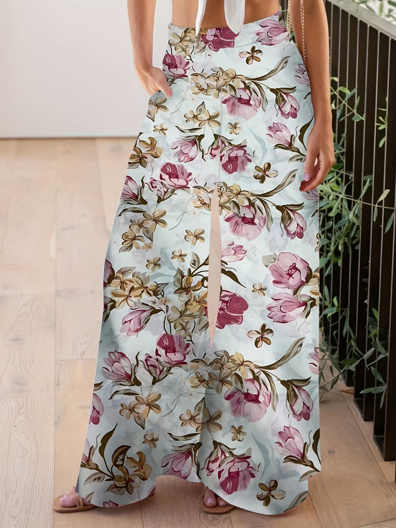  Boho Pants Women's Plus Floral Wide Leg Pants