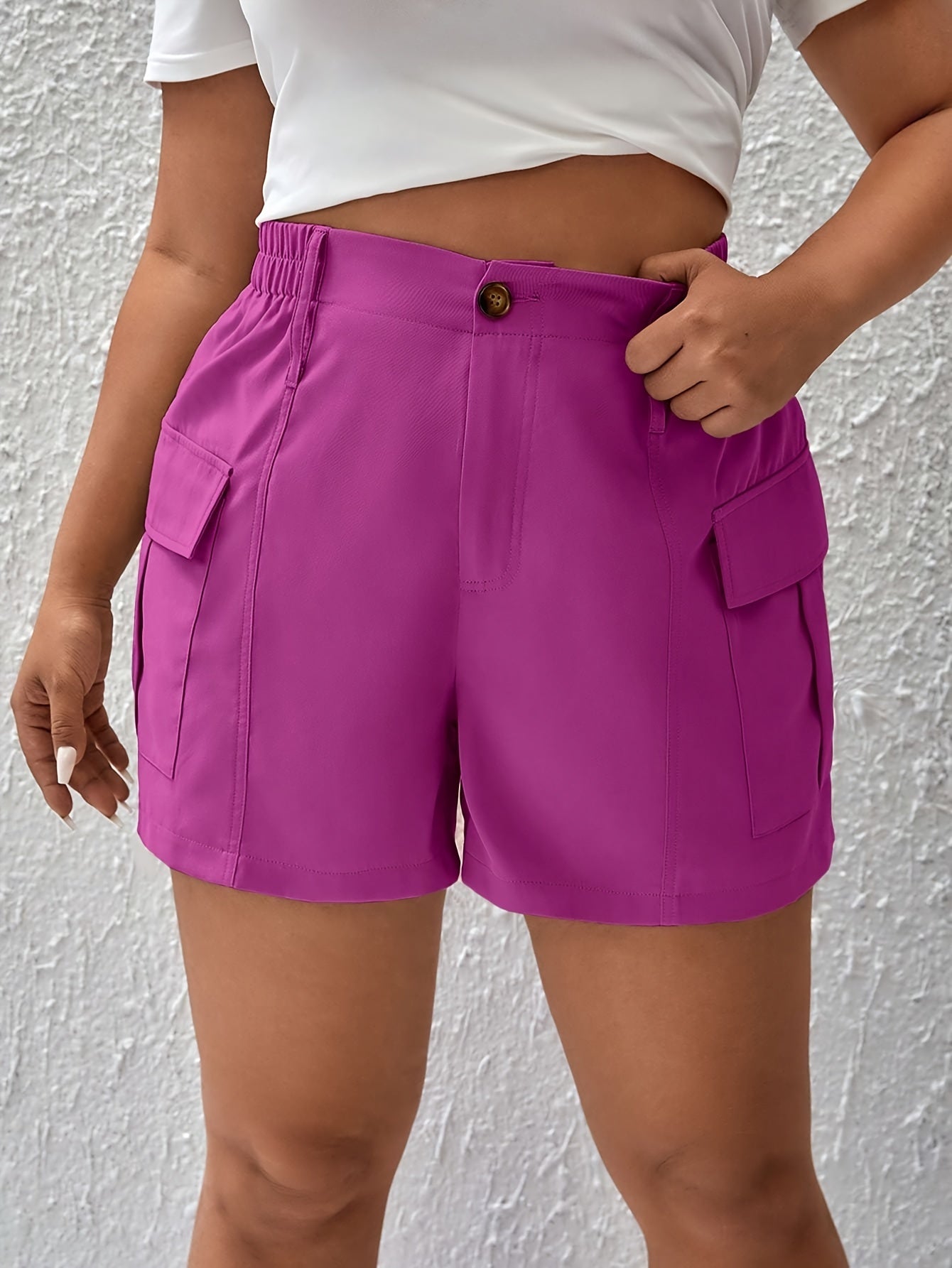 Women's Plus Solid High Rise Cargo Shorts Loose Fit