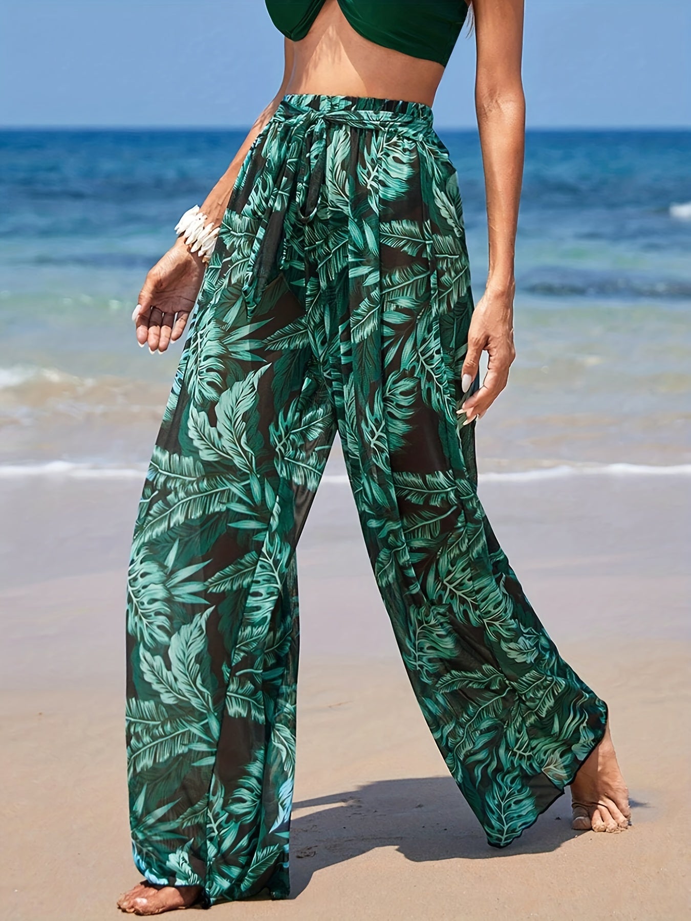 Tropical Palm Leaf Print Tie Front Beach Cover Up Pants