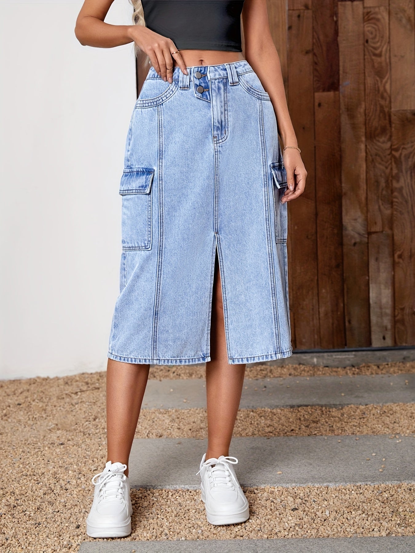 Cargo Denim Skirt with Split Flap Pocket
