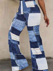  Denim Print Flared Leg High Waist Trousers