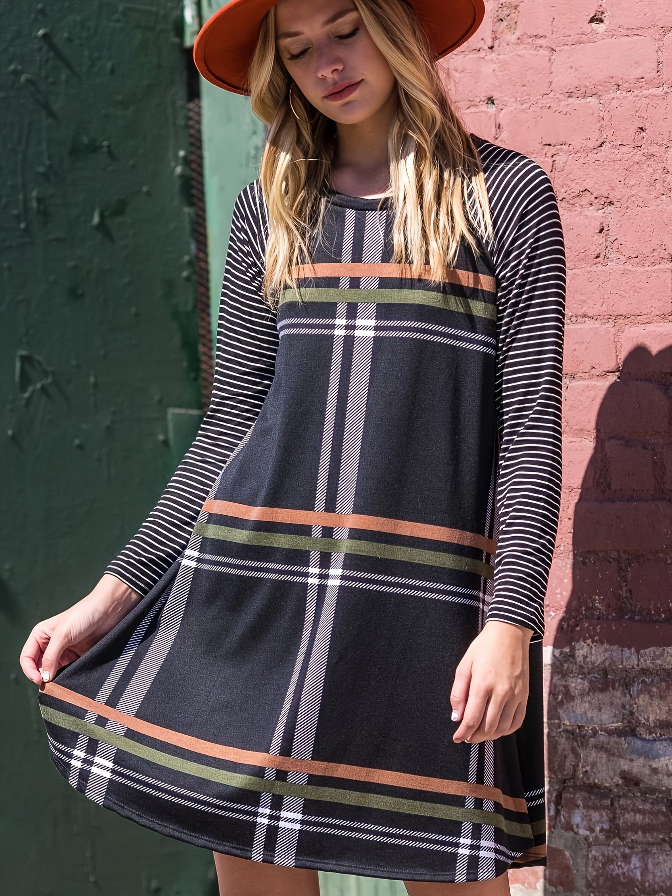  Casual Dress Women's Plus Colorblock Stripe & Plaid Print
