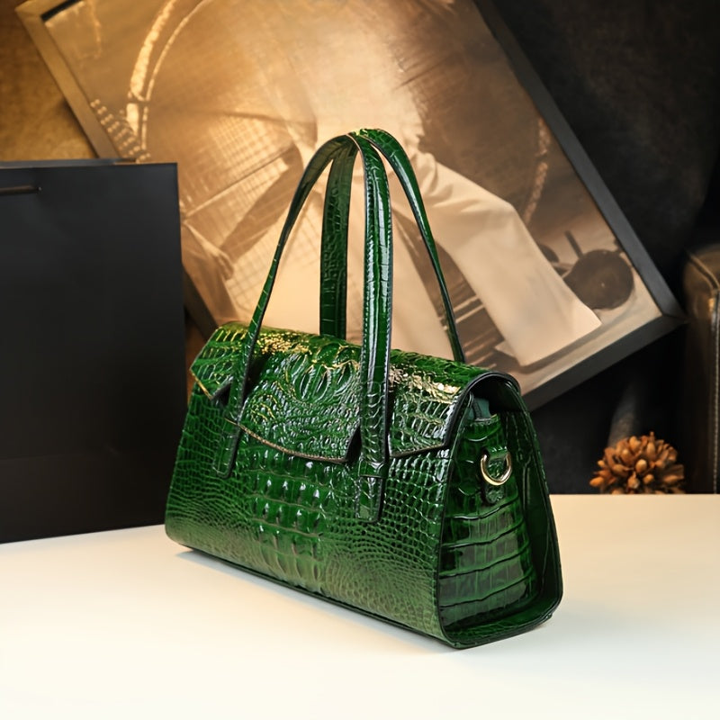 Vintage Crocodile Pattern Leather Handbag with Shoulder Strap & Wristlet