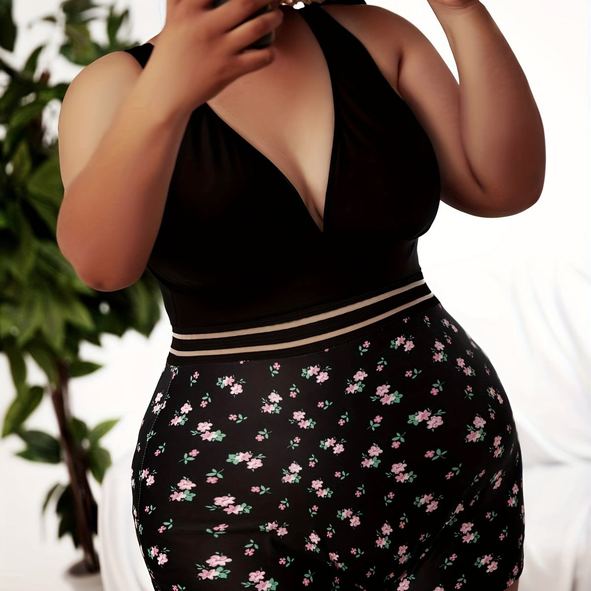  Ditsy Floral Mesh V Neck One Piece Swimsuit