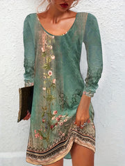 Vintage Floral Print Long Sleeve Dress