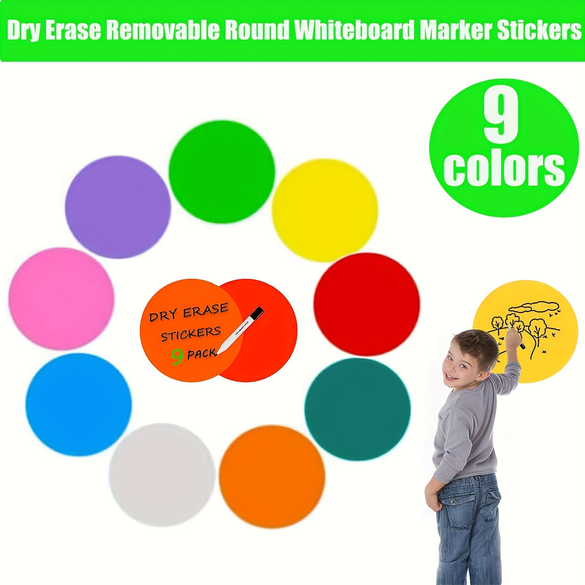 6 Inch Dry Erase Round Whiteboard Marker Stickers 9 Colors - School Classroom