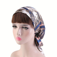 Flower Print Silk Bonnet Lace Up Head Scarf Night Cap Chemo Hat