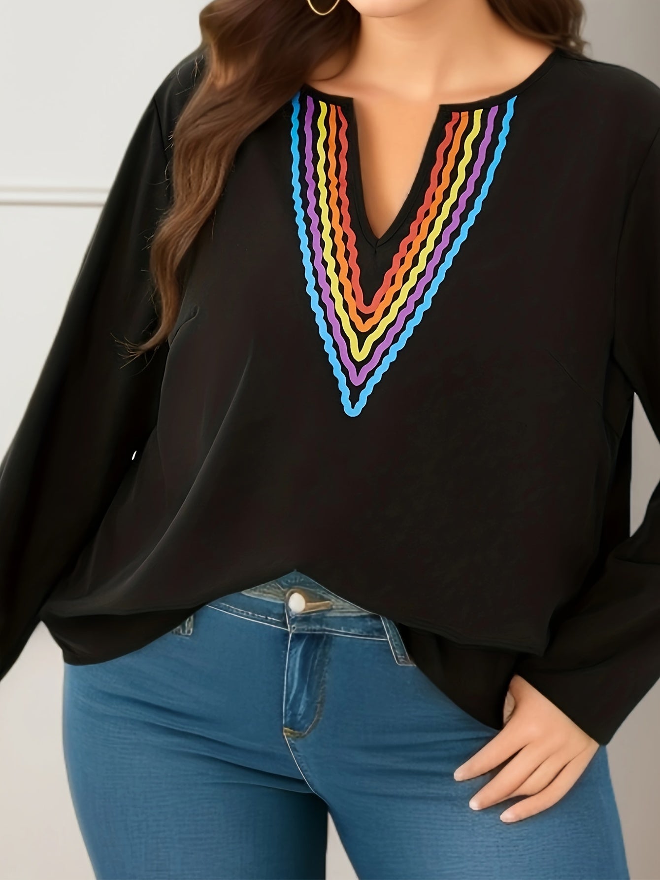  Colorblock Stripe Print Long Sleeve Blouse