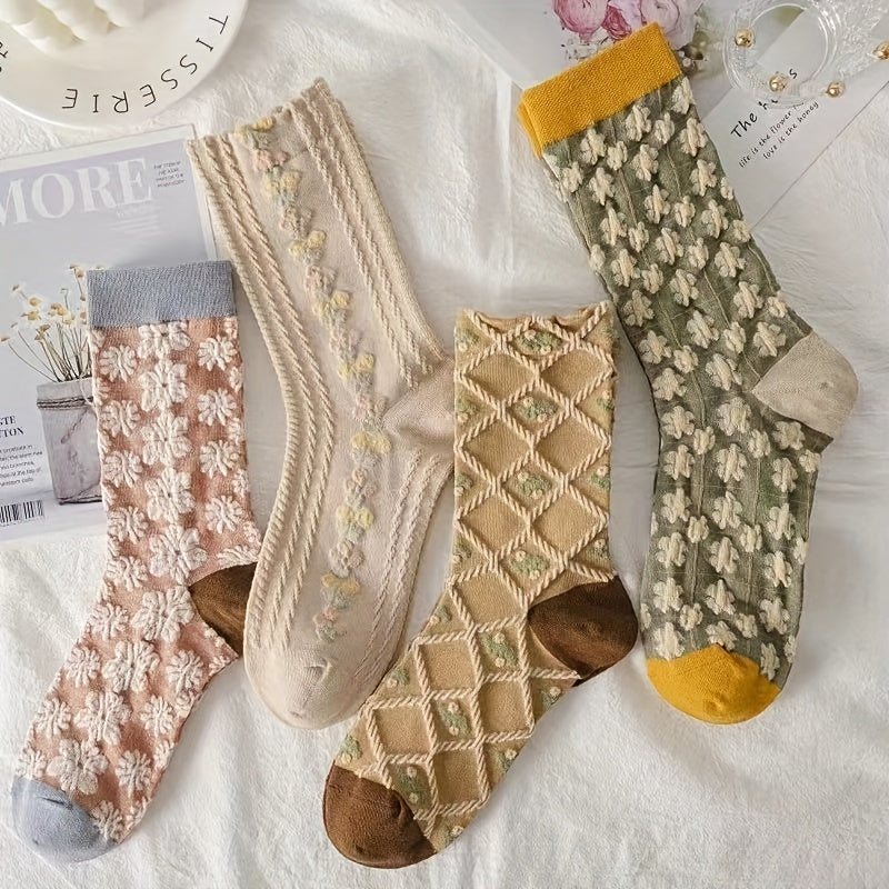6 Pairs Textured Floral Socks Women's Mid Tube Stockings & Hosiery