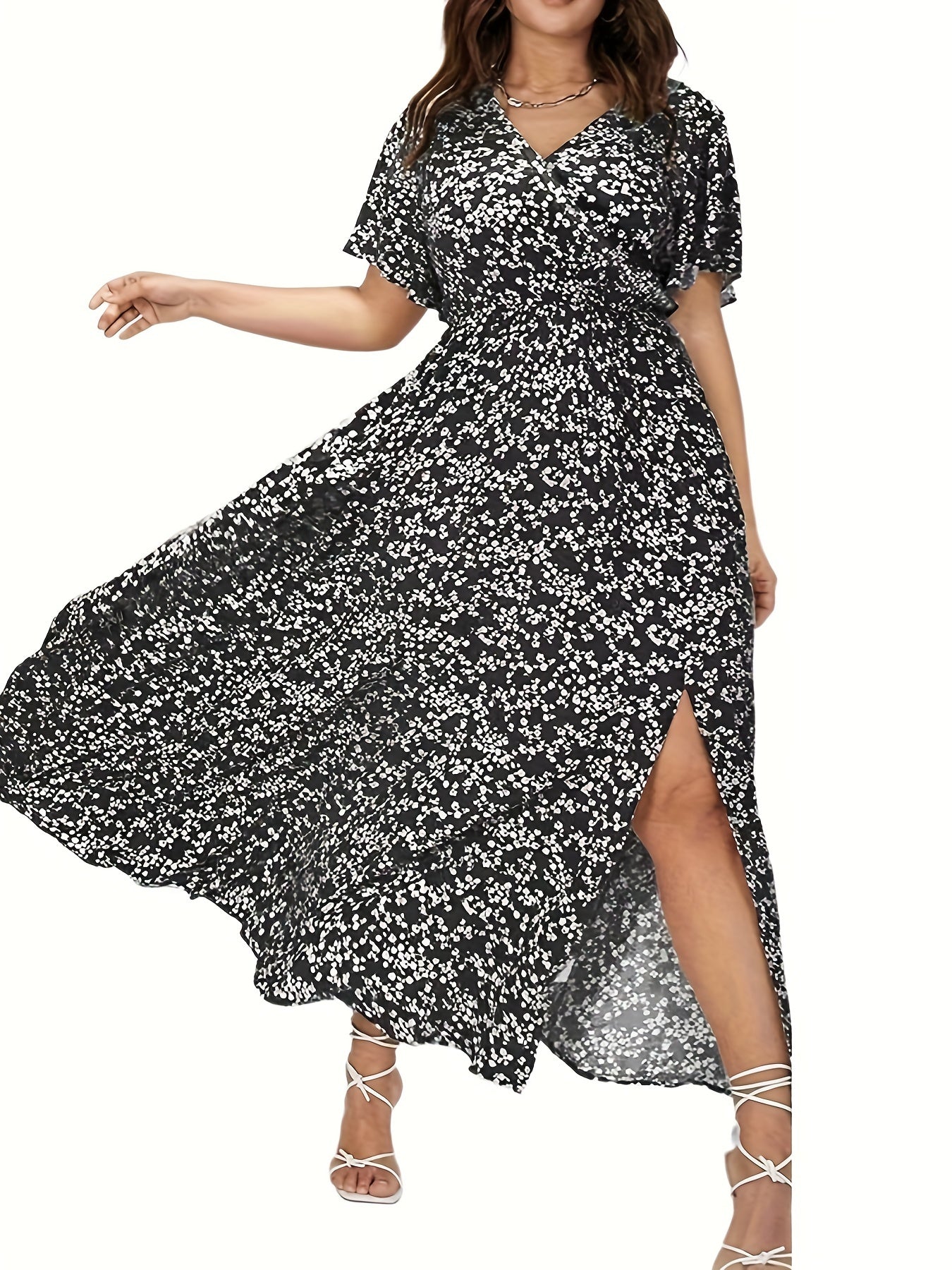  Boho Dress Floral Print Maxi Ruffle Sleeve Split
