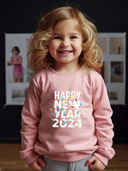 Girls Happy Year Pattern Crew Neck Sweatshirt