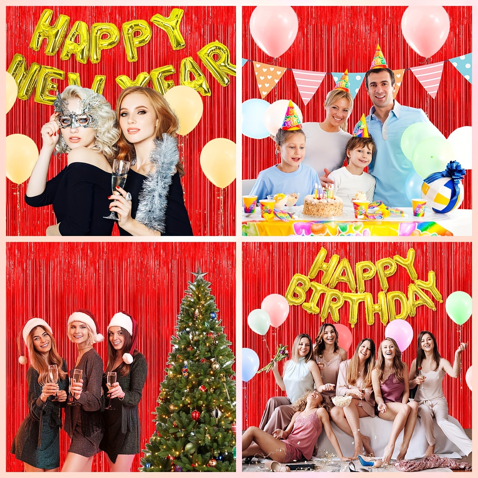 4pcs Red Foil Fringe Backdrop Curtains - Party Decorations Tinsel Streamers