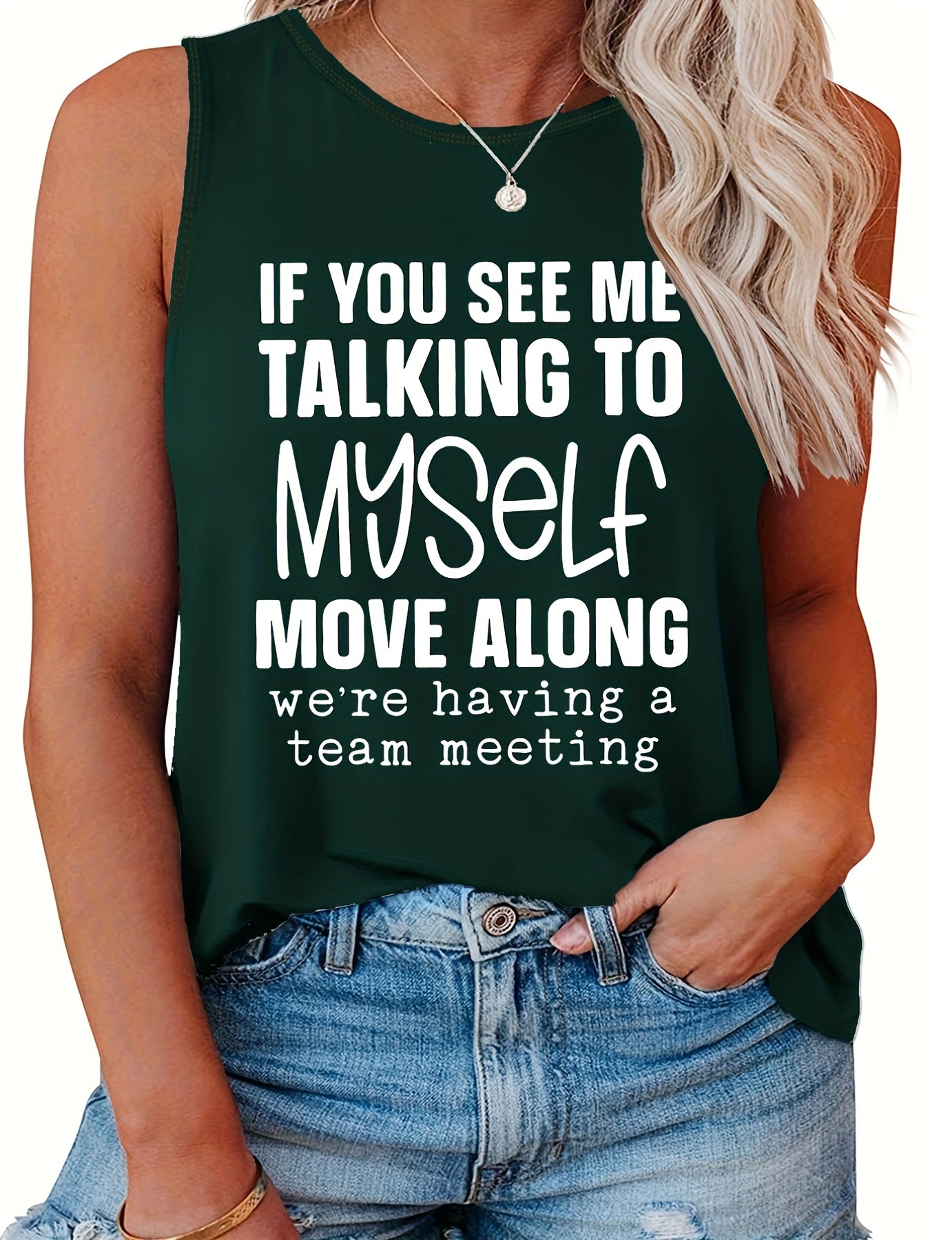  Casual Tank Top Women's Plus Slogan Print Round Neck Tank Top