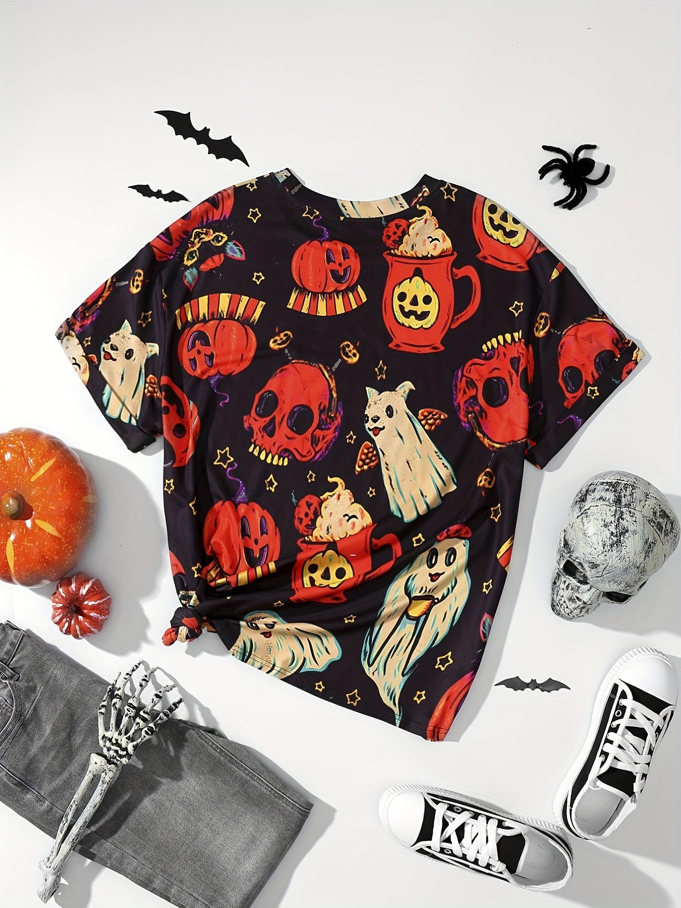  Halloween Blouse Women's Plus Pumpkin & Ghost Print Short Sleeve Top