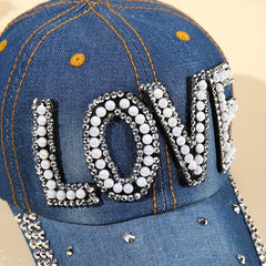 Denim Baseball Cap Faux Pearl Rhinestone Decor LOVE Distressed Sun Hat