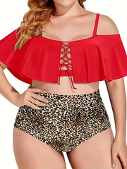  Tankini Set Cold Shoulder Ruffle Trim Cape
