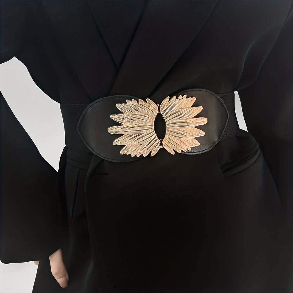 Vintage Golden Leaf Buckle Belt Elastic Wide Waistband for Women