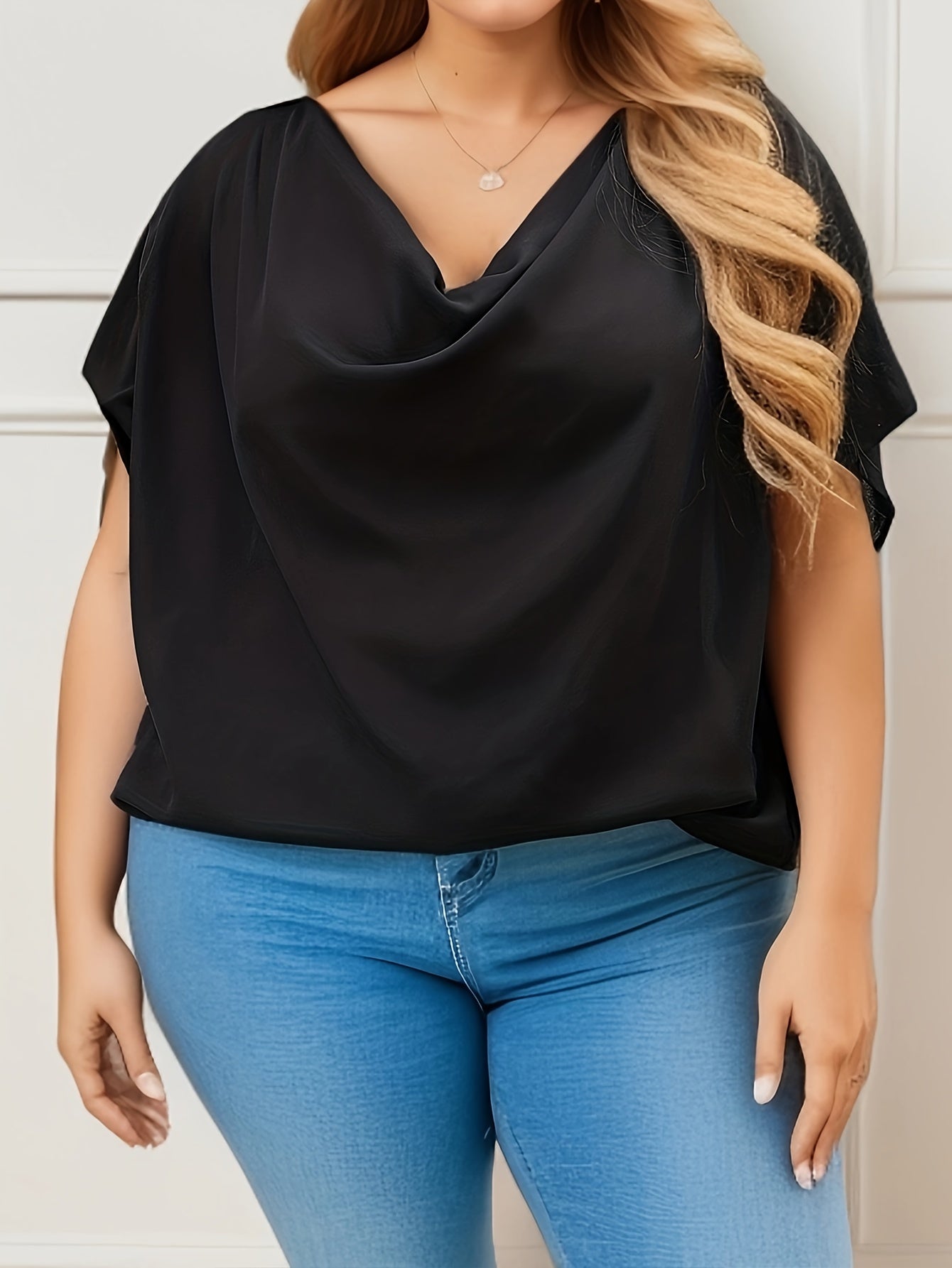  Casual Blouse Women's Plus Solid Bat Sleeve Cowl Neck Top