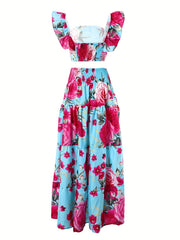 Vintage Floral Print 2pc Set Flutter Sleeve Blouse & Maxi Skirt Outfit